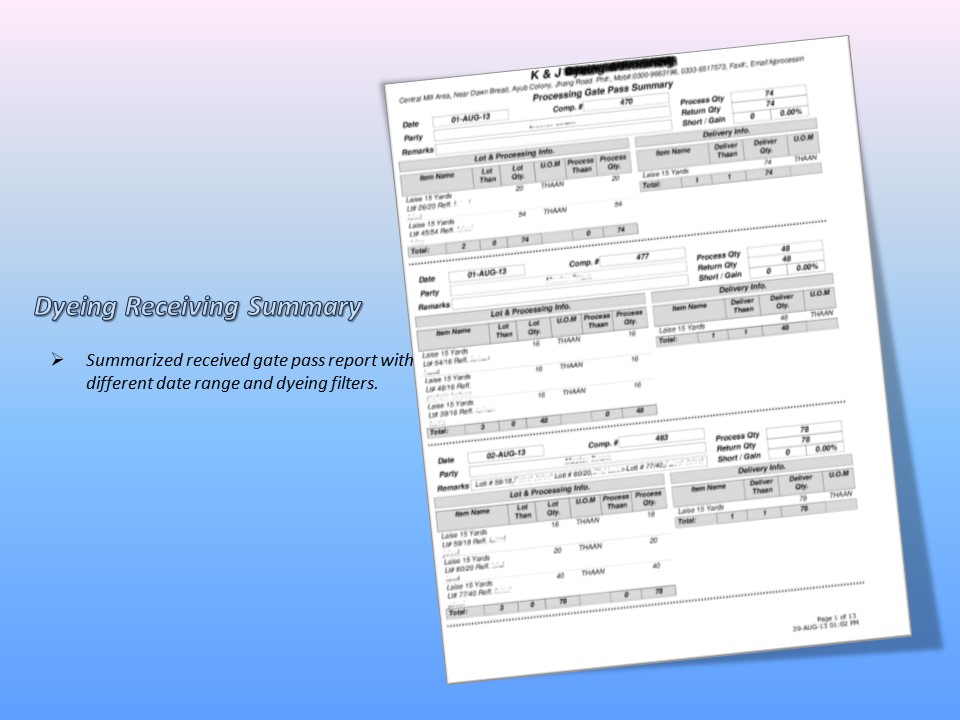 Dyeing Summary Report